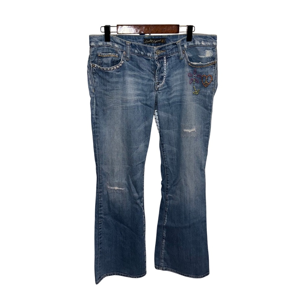 Lucky Brand Lil Maggie Peace Embroidered Flare Low Rise Jeans Size 12 31 - Picture 2 of 10